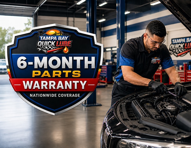 Certified technician at Tampa Bay Quick Lube providing 6-month parts warranty on auto repairs