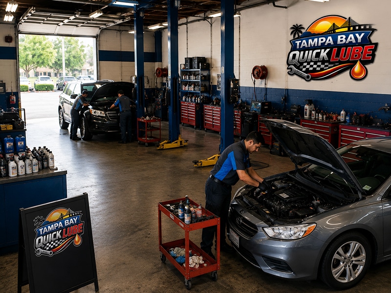 Certified technician performing auto repair service at Tampa Bay Quick Lube in Tampa, FL