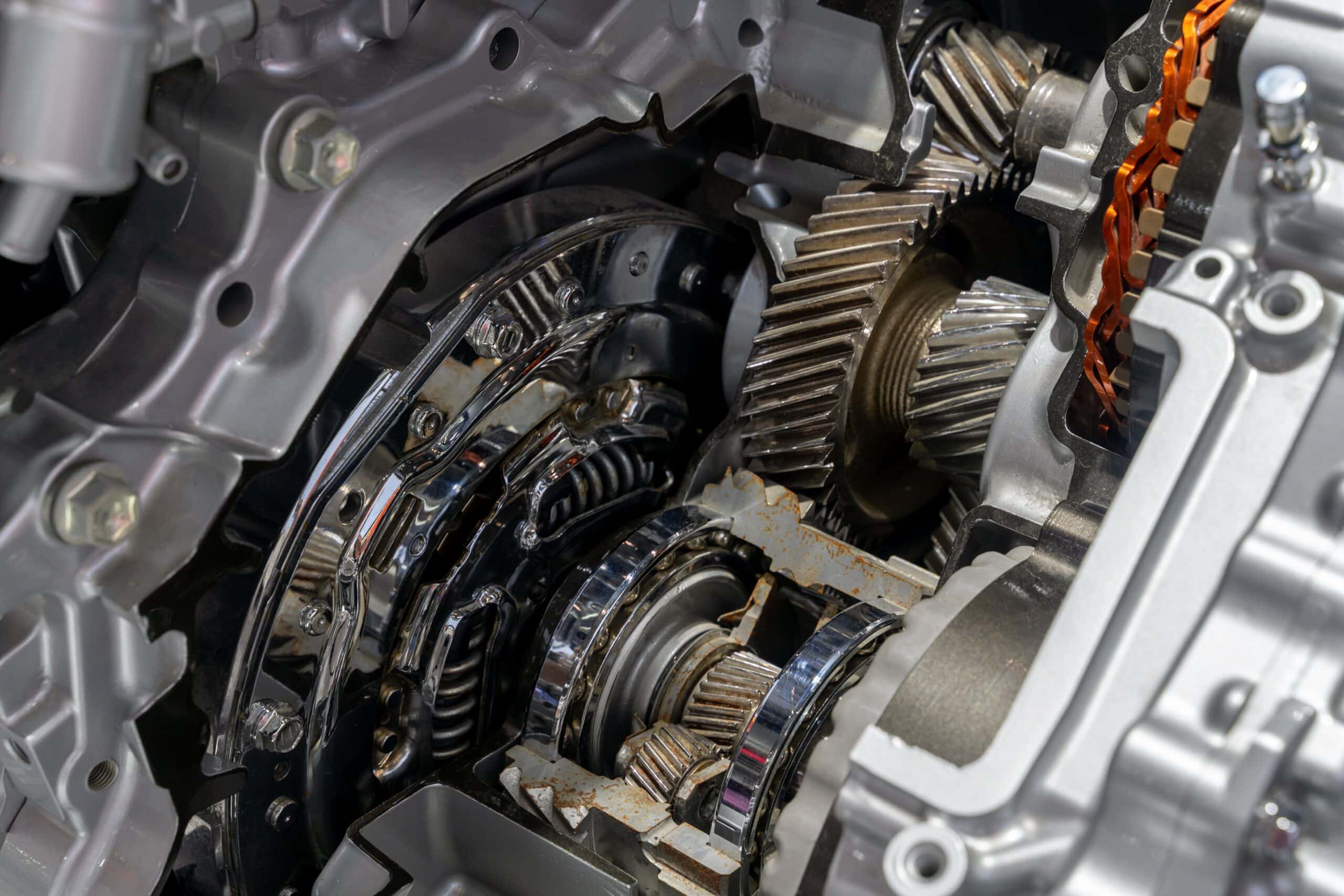Closeup shot of a modern automobile vehicle engine and transmission repair