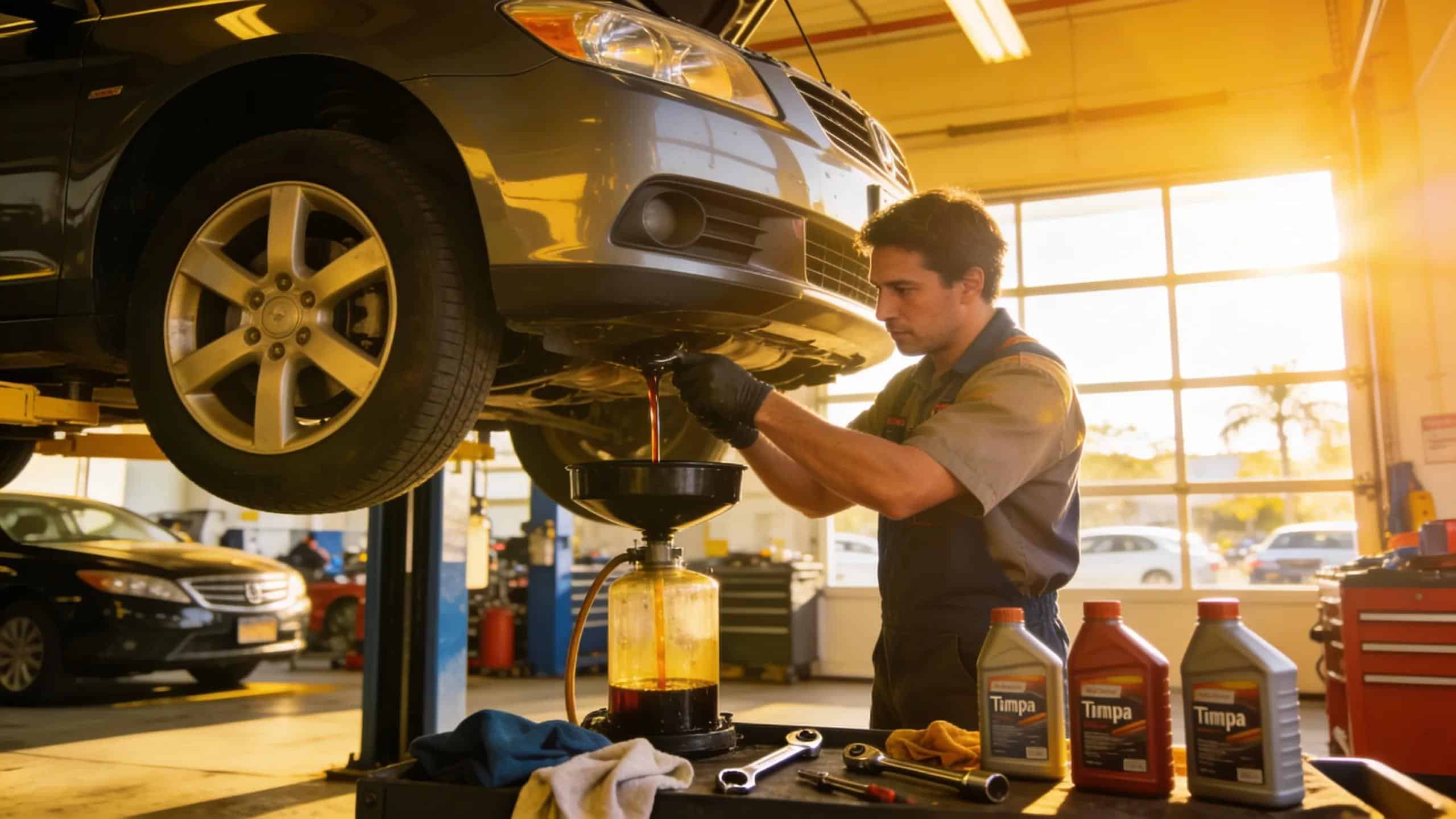 Mechanic performing an oil change in a Tampa auto repair shop, highlighting the significance of vehicle maintenance