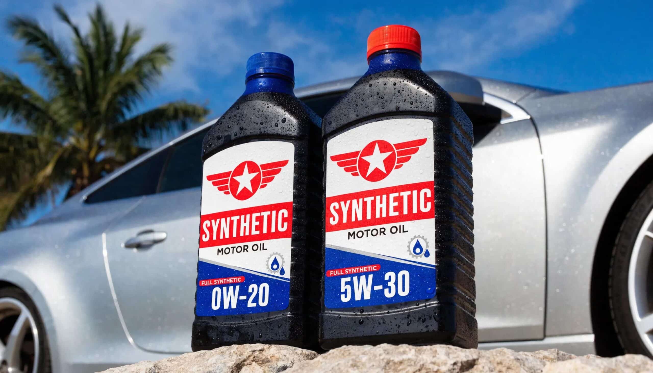 Bottles of synthetic oil in sunny Florida, representing benefits for high-temperature engine performance