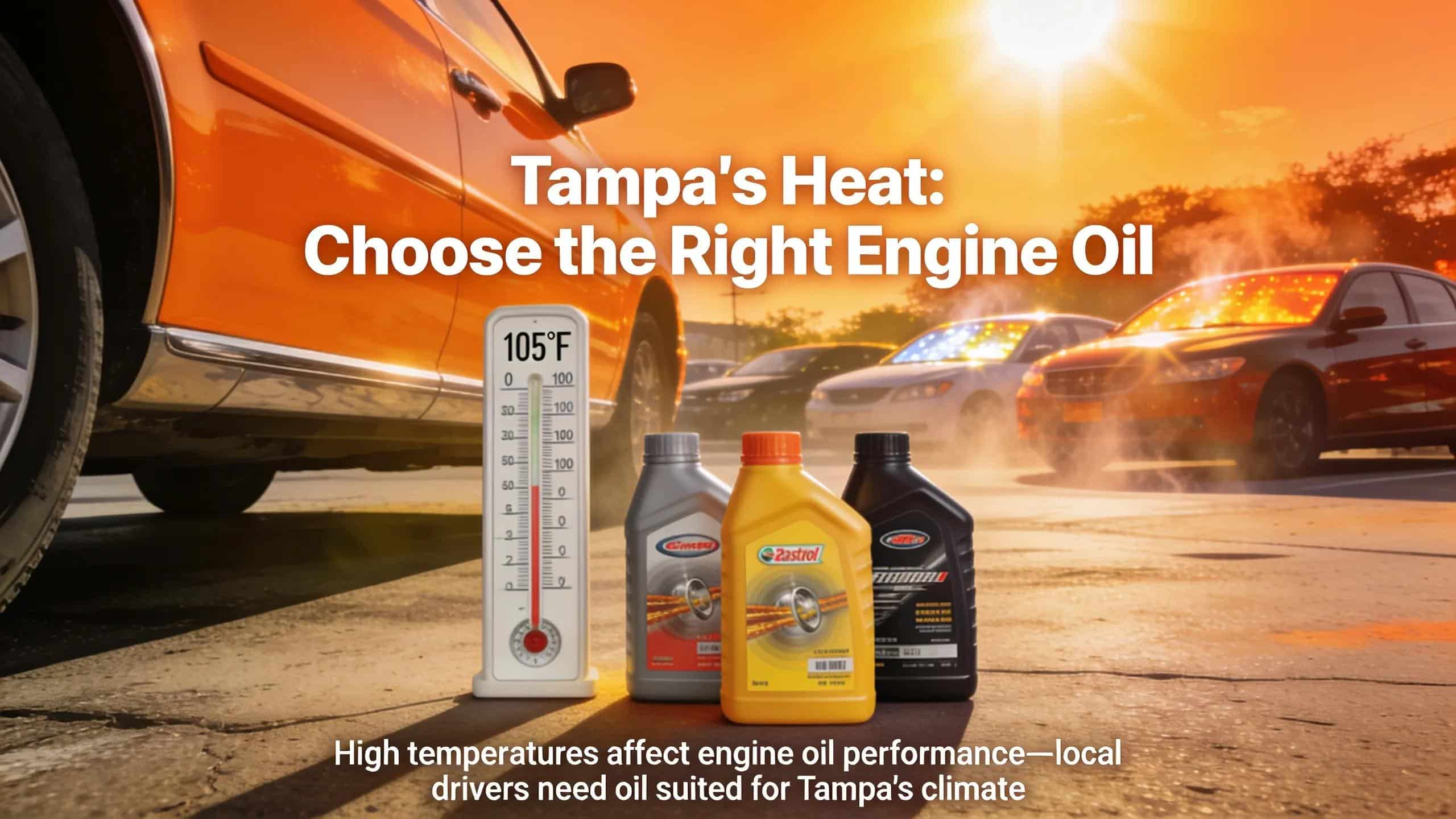 Thermometer showing high temperatures with cars and engine oil bottles, illustrating the effects of Tampa's climate on oil performance