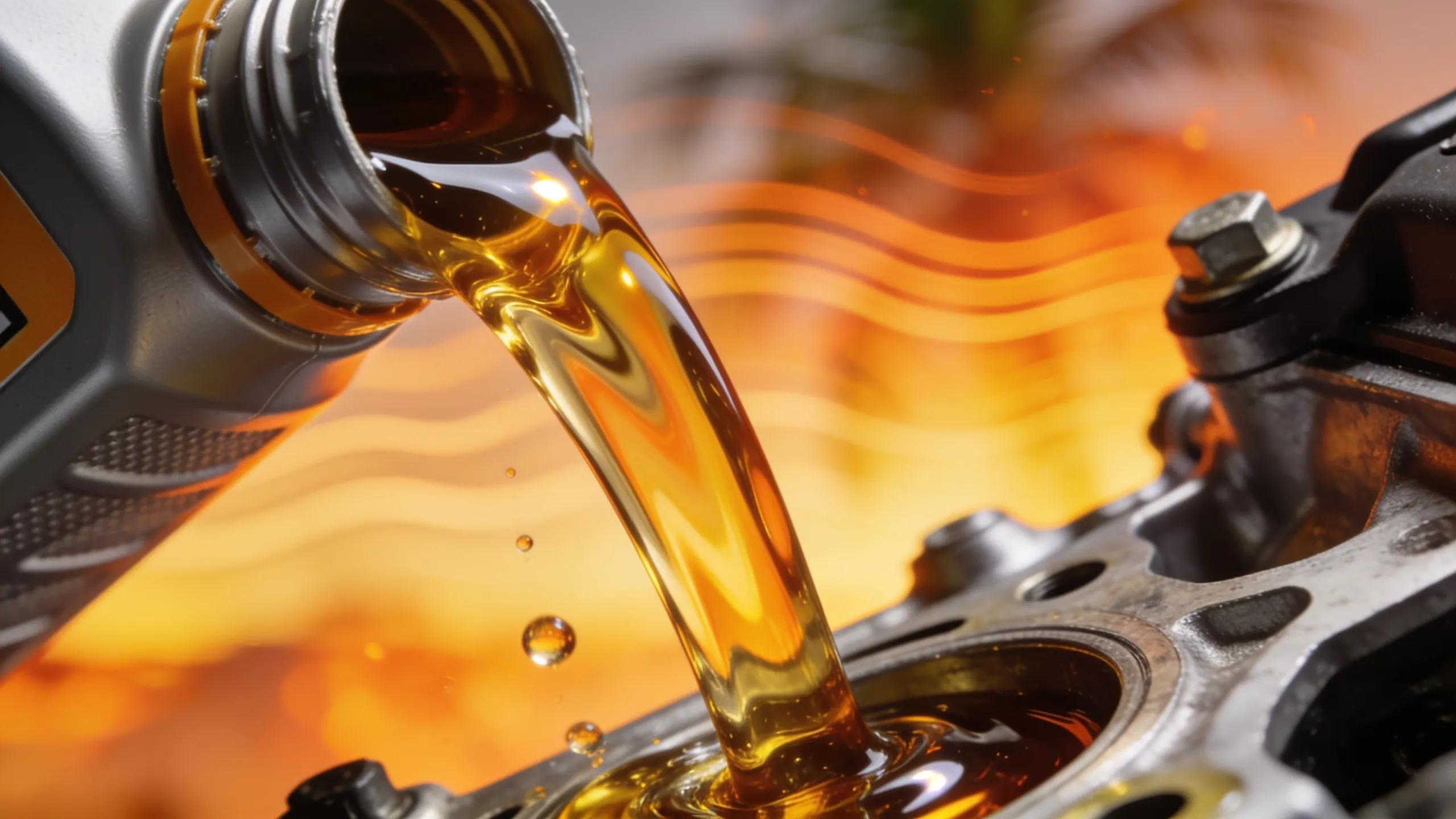 Close-up of synthetic engine oil being poured, emphasizing its role in protecting vehicles in hot climates