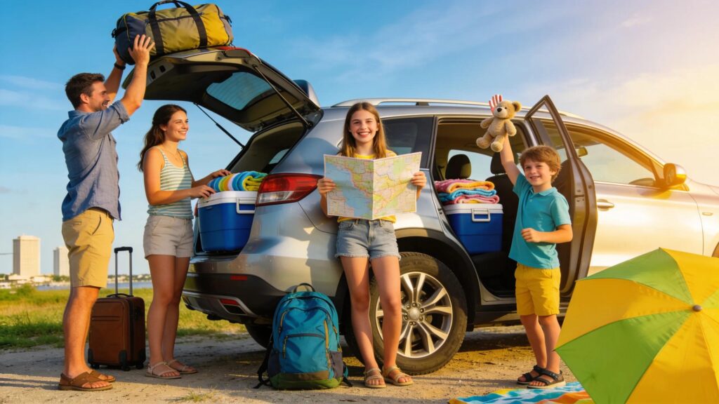 Family preparing their car for a summer road trip in Tampa, highlighting vehicle maintenance and excitement for travel