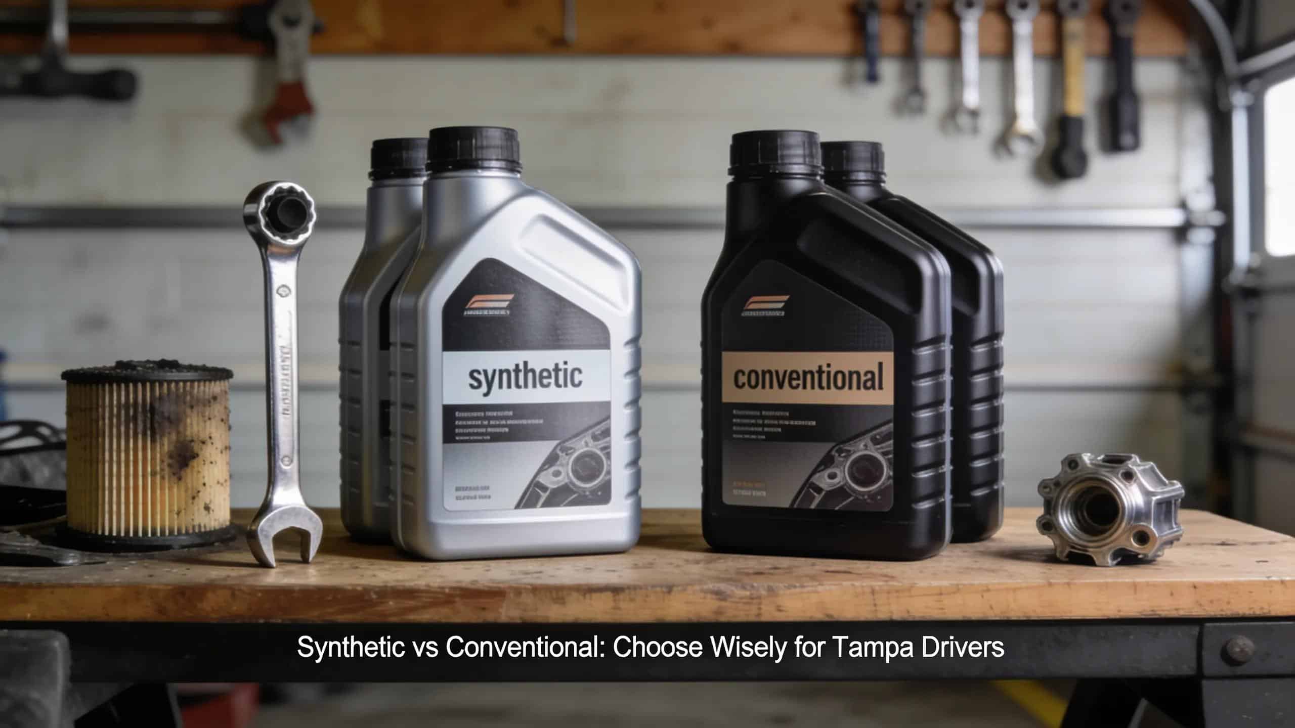 Comparison of synthetic and conventional engine oil canisters on a workbench, highlighting oil choices for Tampa drivers