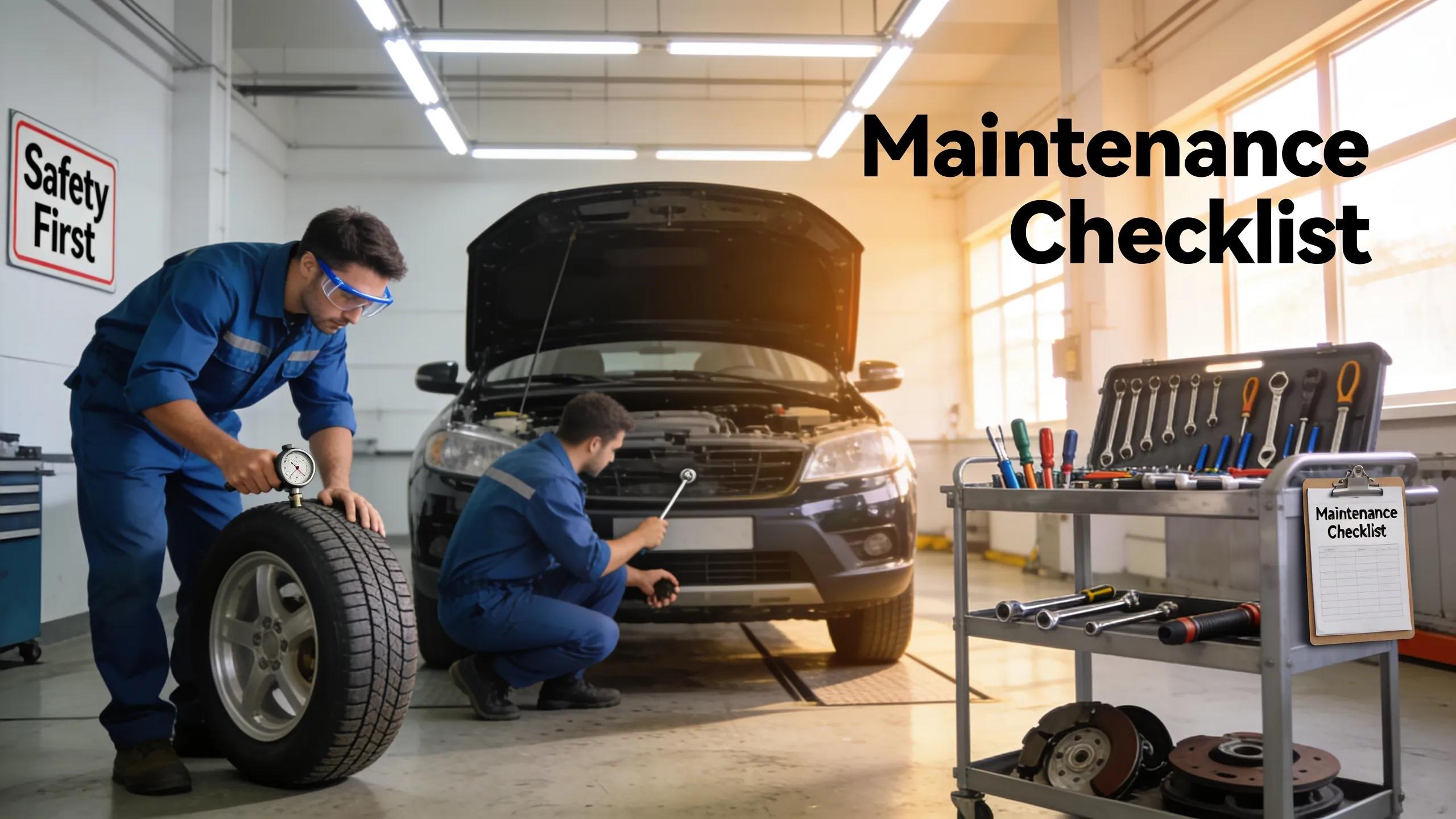 Mechanic conducting maintenance checks on a vehicle, focusing on tire, fluid, and brake inspections for road trip readiness