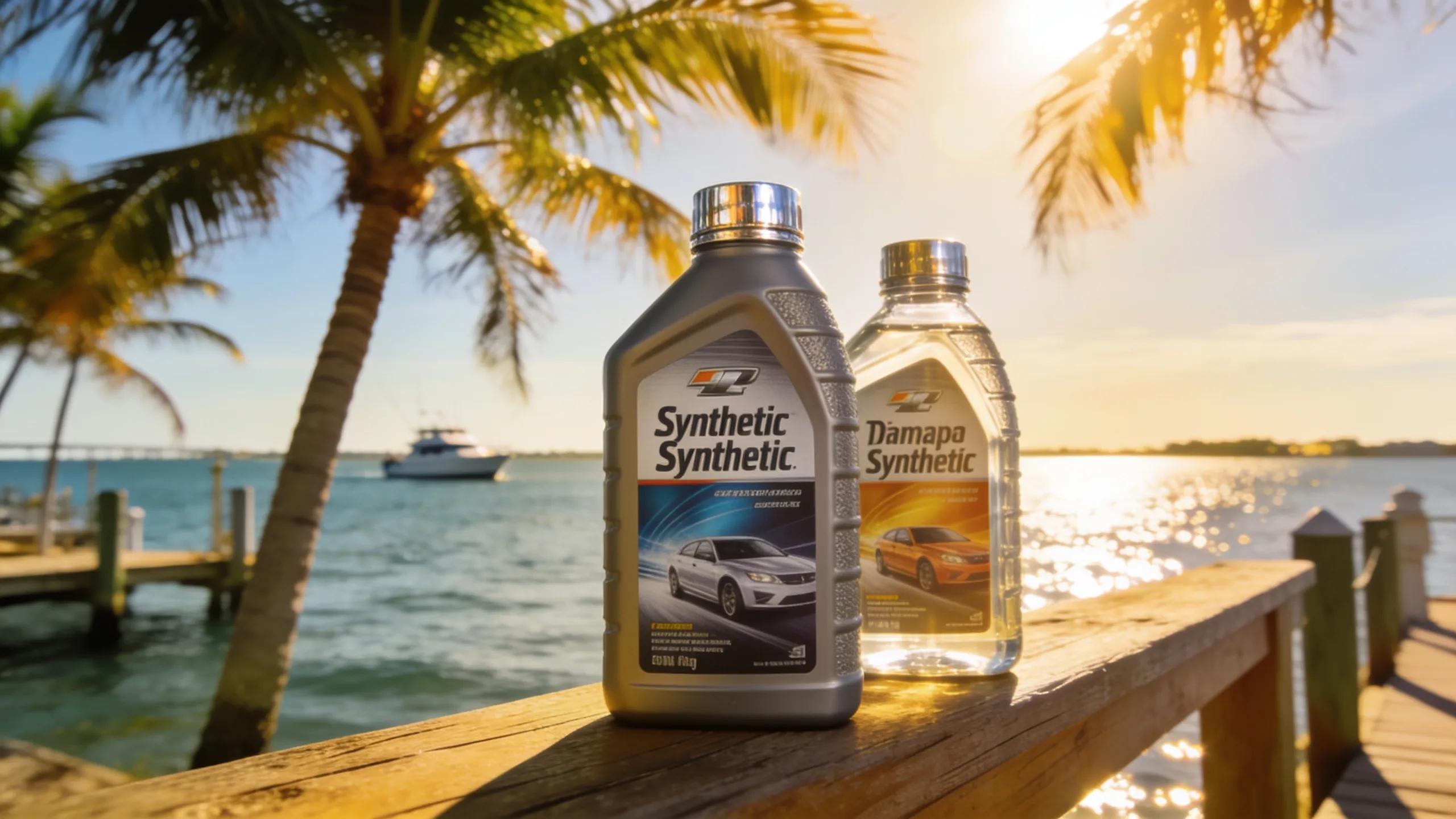 Synthetic oil bottles with Tampa Bay backdrop, showcasing the advantages of synthetic oil in extreme heat.