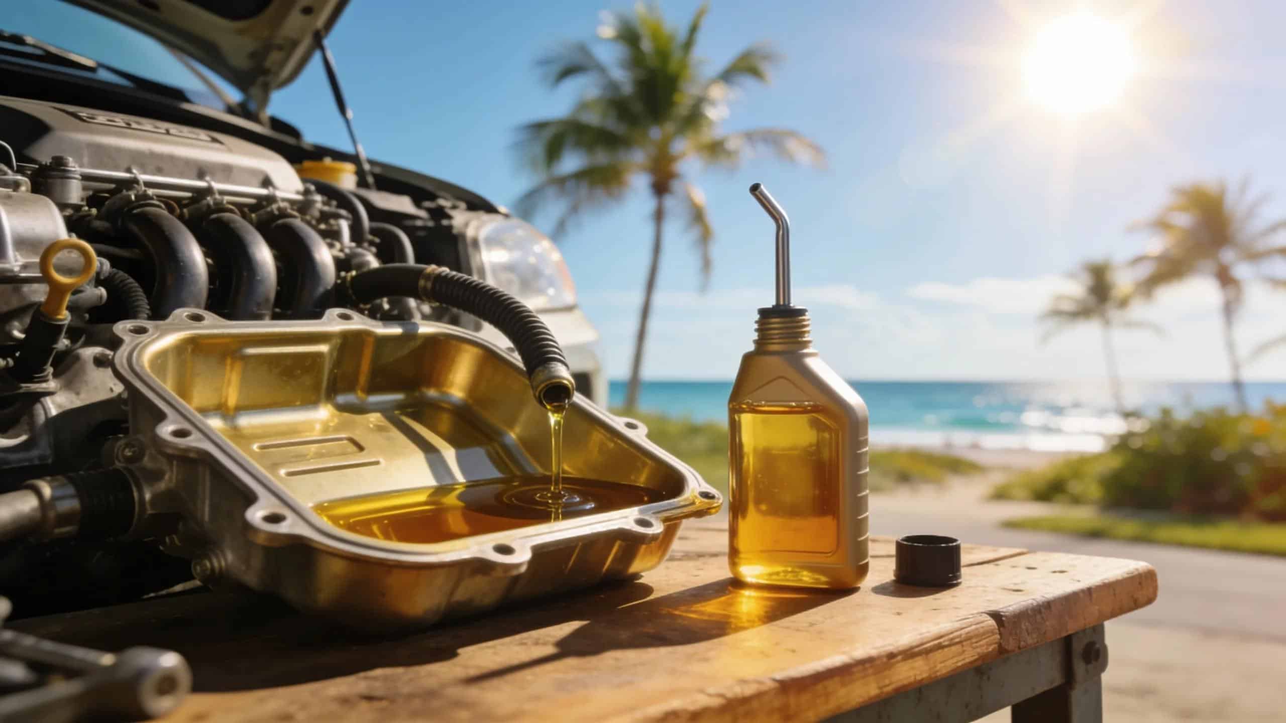 Car engine components under Florida sun, highlighting oil performance challenges in warm weather